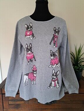 Astrologie French Bulldog Sweater Womens Size Medium Cozy Crew Grey Pink White